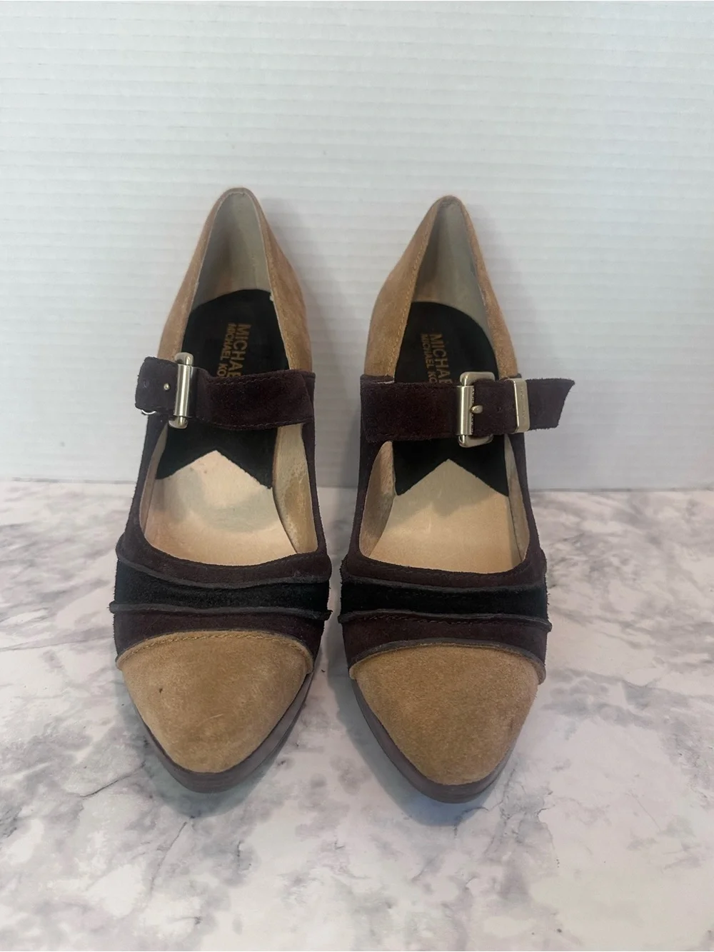 Michael Kors Suede Mary Jane Platform Heels Brown/Tan Pointed Toe Size 8